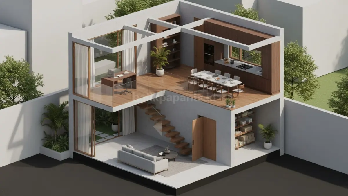 denah rumah split level dengan perbedaan ketinggian antara ruang tamu di bagian depan yang lebih rendah dan dapur di bagian belakang yang lebih tinggi, menampilkan ruang bawah lantai yang dimanfaatkan sebagai gudang tersembunyi tanpa terlihat dari area utama, dengan desain efisien dan modern.
