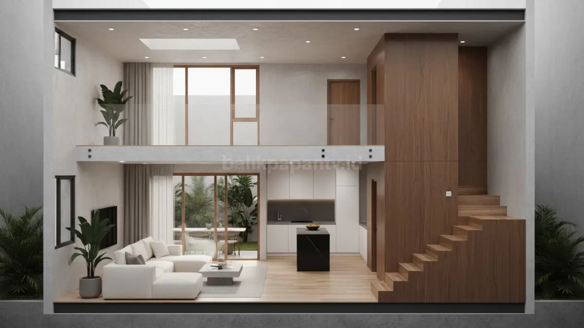 denah rumah linear memanjang dari depan ke belakang dengan penataan ruang efisien, menampilkan mezzanine di bagian tengah sebagai area tambahan, serta gudang tersembunyi yang disamarkan dalam panel dinding. Desain ini menghadirkan tampilan minimalis, rapi, dan cocok untuk lahan sempit di area perkotaan.