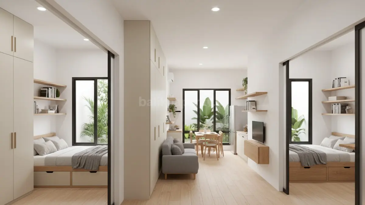interior rumah 1 lantai 2 kamar dengan desain compact yang memaksimalkan fungsi ruang penyimpanan, menampilkan lemari tanam, rak dinding, dan kolong tempat tidur sebagai solusi storage efisien, sehingga dua kamar tetap terasa nyaman meski berada pada ruang utama berukuran terbatas dengan tata ruang modern dan fungsional.
