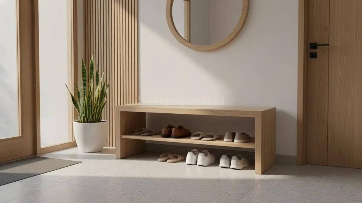 Bangku sepatu minimalis di area masuk rumah modern (BTV/Ai)