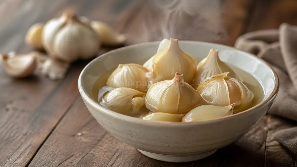 Bawang putih rebus hangat di mangkuk sederhana, simbol kesehatan alami dari dapur rumah. (BTV/Ai)