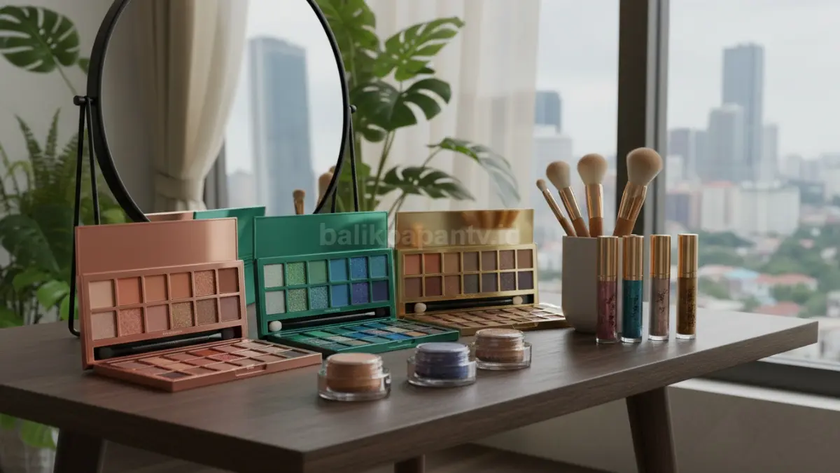 Berbagai jenis eyeshadow palette, krim, dan cair di meja rias (BTV/AI)