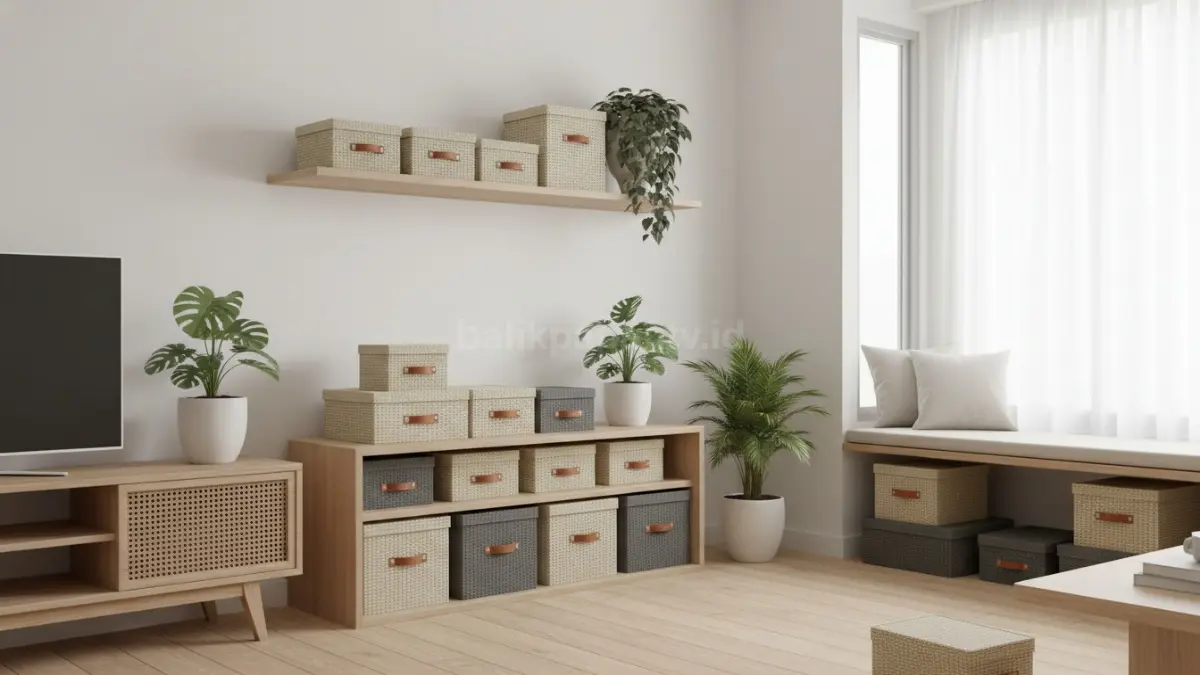 Box penyimpanan minimalis estetik tersusun rapi di ruang modern, solusi rumah compact (BTV/Ai)
