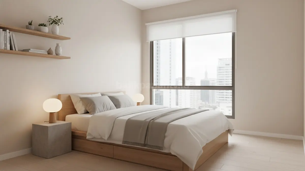Contoh kamar tidur kecil yang diubah jadi aestetik dengan warna netral dan tata ruang sederhana
