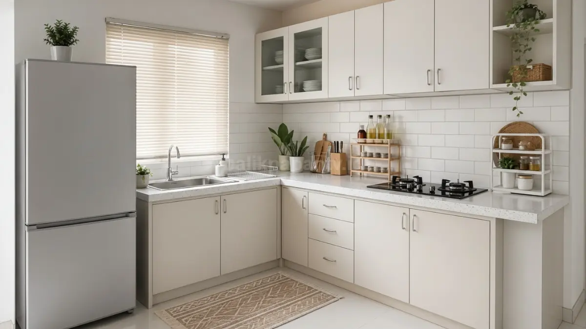 Dapur bentuk L dengan kombinasi warna terang. (BTV/Ai)