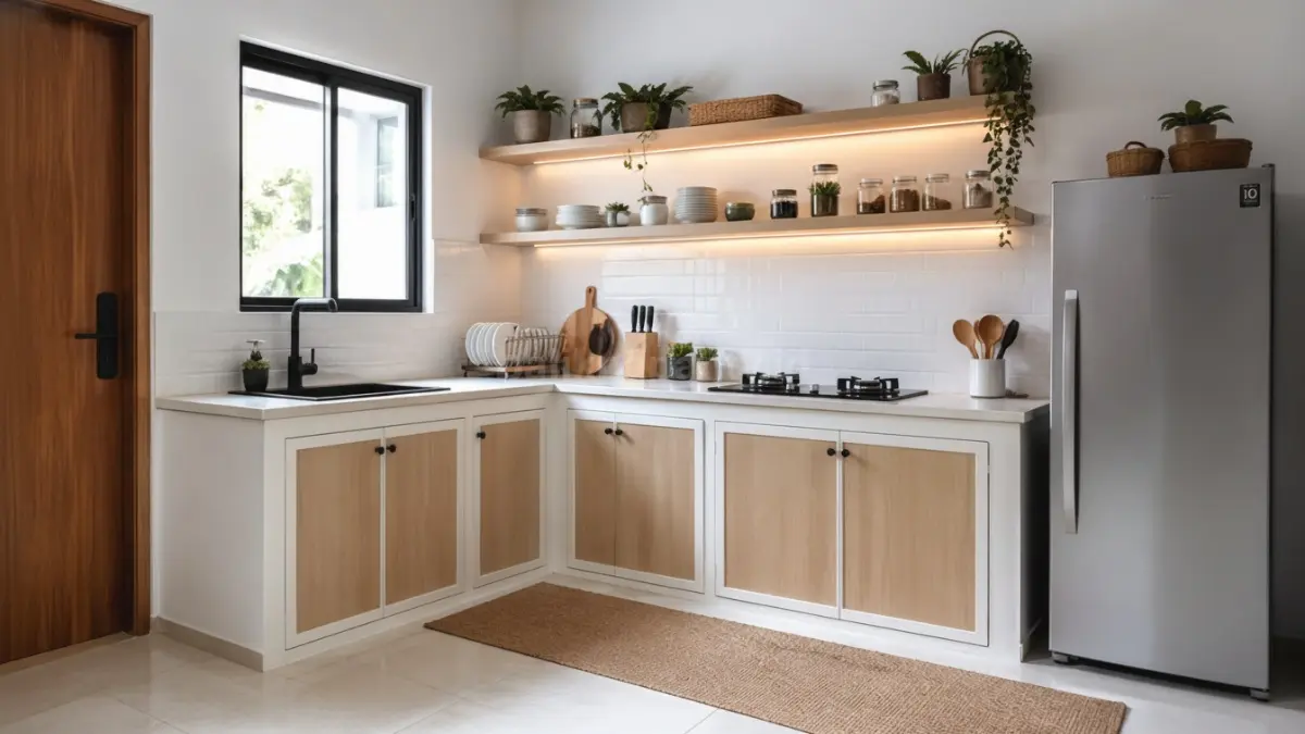 Dapur bentuk L dengan rak terbuka minimalis. (BTV/Ai)