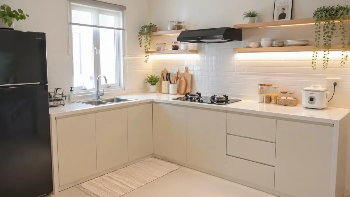 Dapur bentuk L minimalis dengan warna terang dan rak terbuka sederhana. (BTV/Ai)