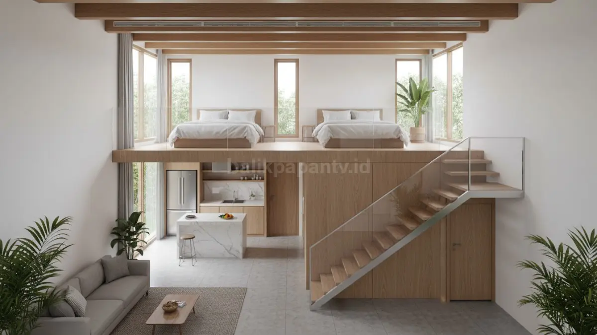 Denah rumah terbuka 7x10 meter dengan mezzanine di atas ruang tamu, memperlihatkan ruang tamu dan dapur menyatu tanpa sekat, kamar tidur di lantai mezzanine, serta gudang tersembunyi di bawah tangga dengan sirkulasi udara lancar dari plafon tinggi.