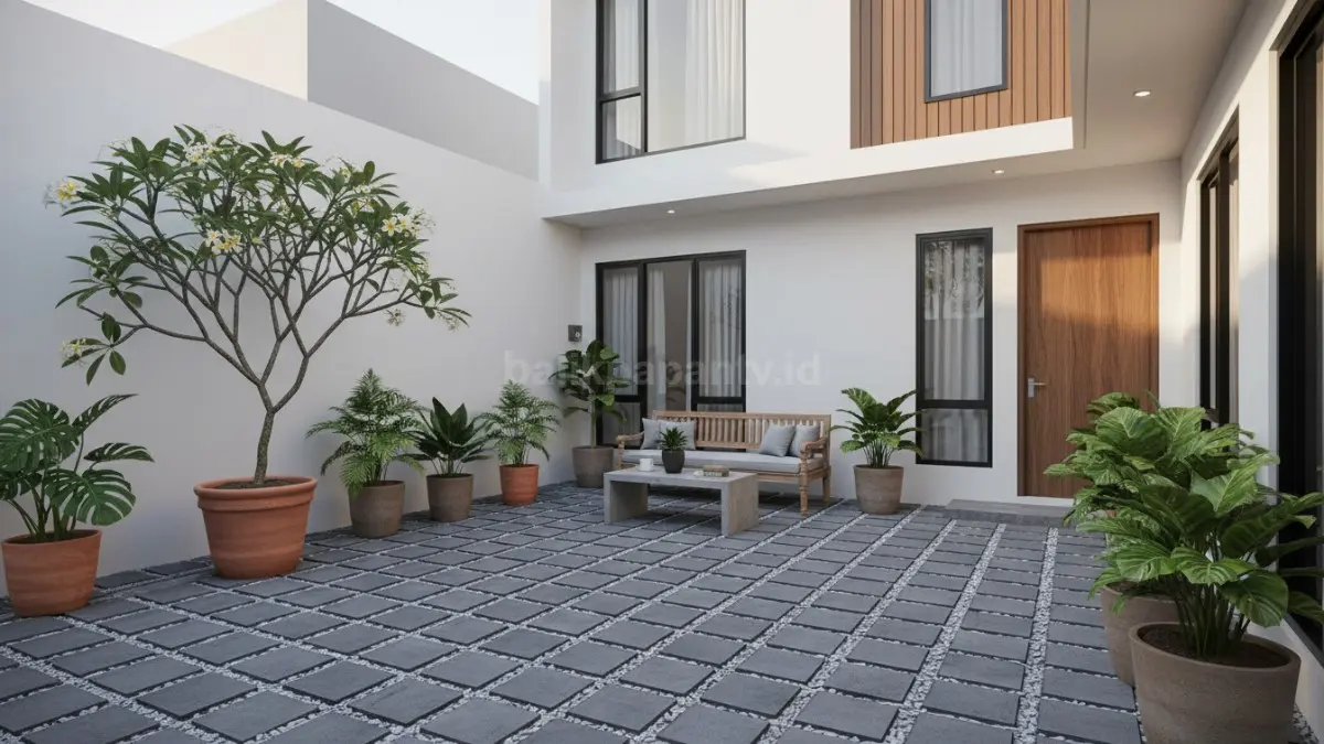 Desain halaman kecil multifungsi dengan paving block dan tanaman pot
