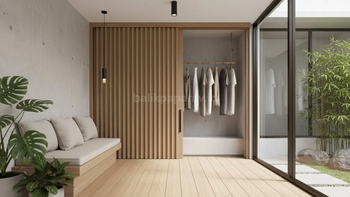 Desain teras rumah minimalis dengan jemuran indoor tersembunyi yang rapi dan estetik
