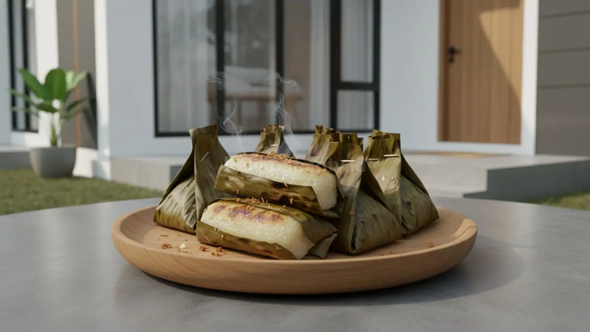Gogos ketan bakar dibungkus daun pisang dengan tampilan menggugah selera dan aroma khas
