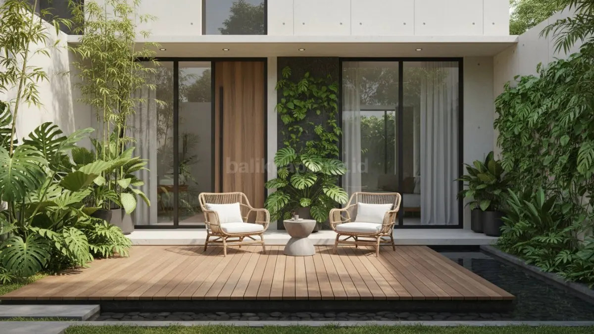 Halaman minimalis depan rumah modern dengan tanaman hijau dan kursi santai
