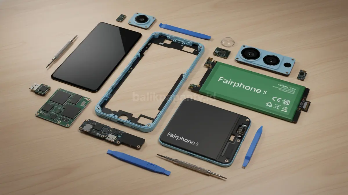 Ilustrasi komponen Fairphone 5 yang dapat dilepas satu per satu (BTV/Ai)