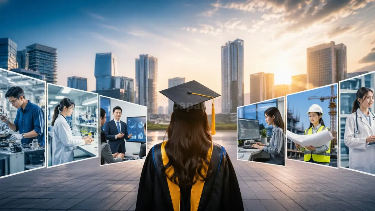 Ilustrasi mahasiswa wisuda dengan latar dunia kerja, menggambarkan jurusan kuliah dan peluang karier 2026. (BTV/Ai)