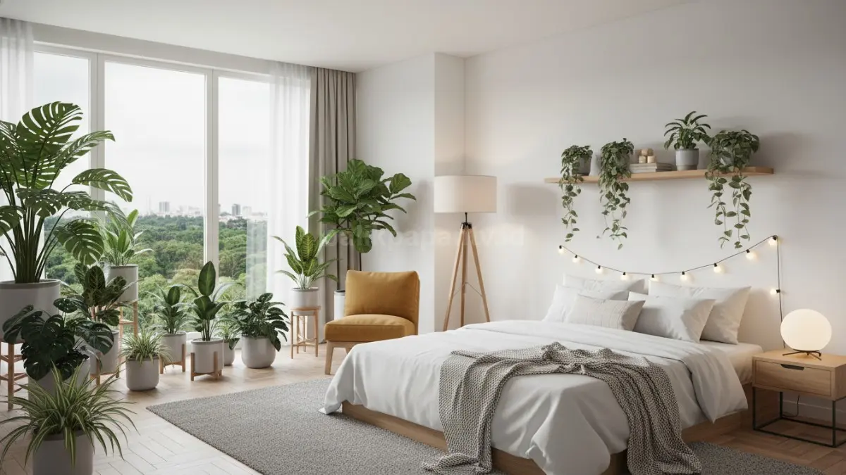 Inspirasi dekor kamar dengan tanaman indoor dan lampu hangat yang bikin suasana nyaman
