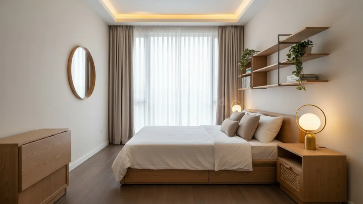 Kamar aestetik minimalis dengan pencahayaan hangat dan furnitur multifungsi yang bikin ruang terasa luas
