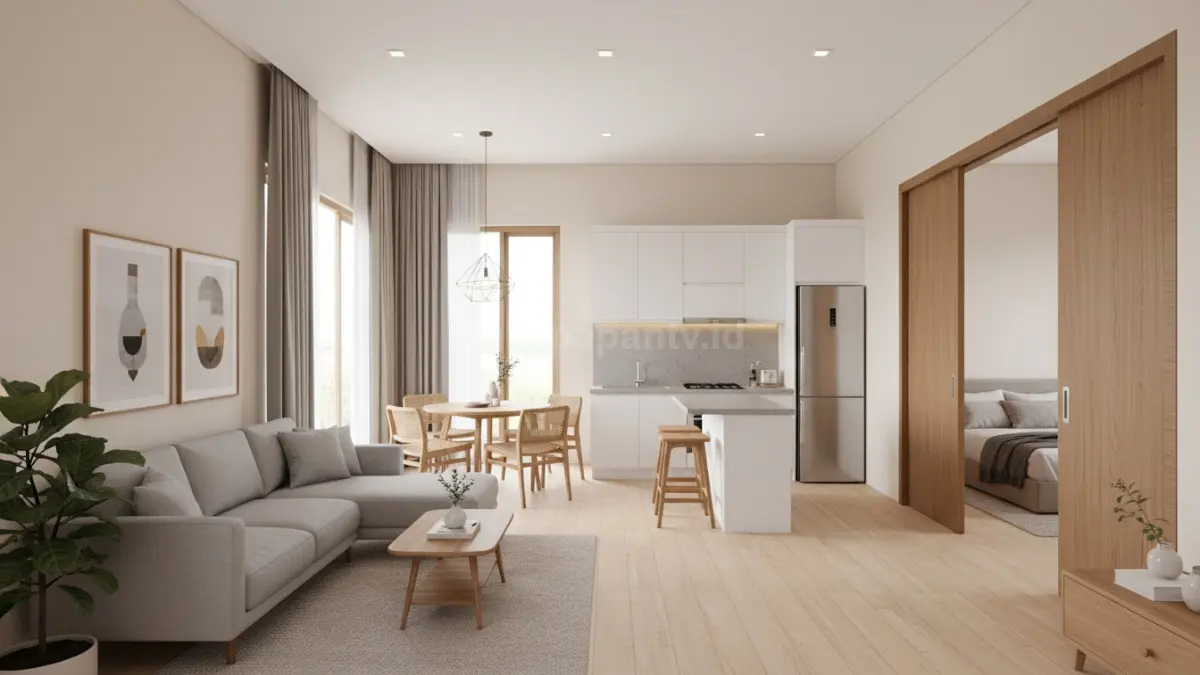 interior rumah 1 lantai dengan konsep open space keluarga kecil, menampilkan ruang tamu, ruang makan, dan dapur yang menyatu tanpa sekat permanen, serta dua kamar tidur di sisi kanan dan kiri untuk menjaga privasi, dengan desain yang menghadirkan kesan luas, sirkulasi udara optimal, dan suasana hunian modern yang fungsional untuk keluarga muda.