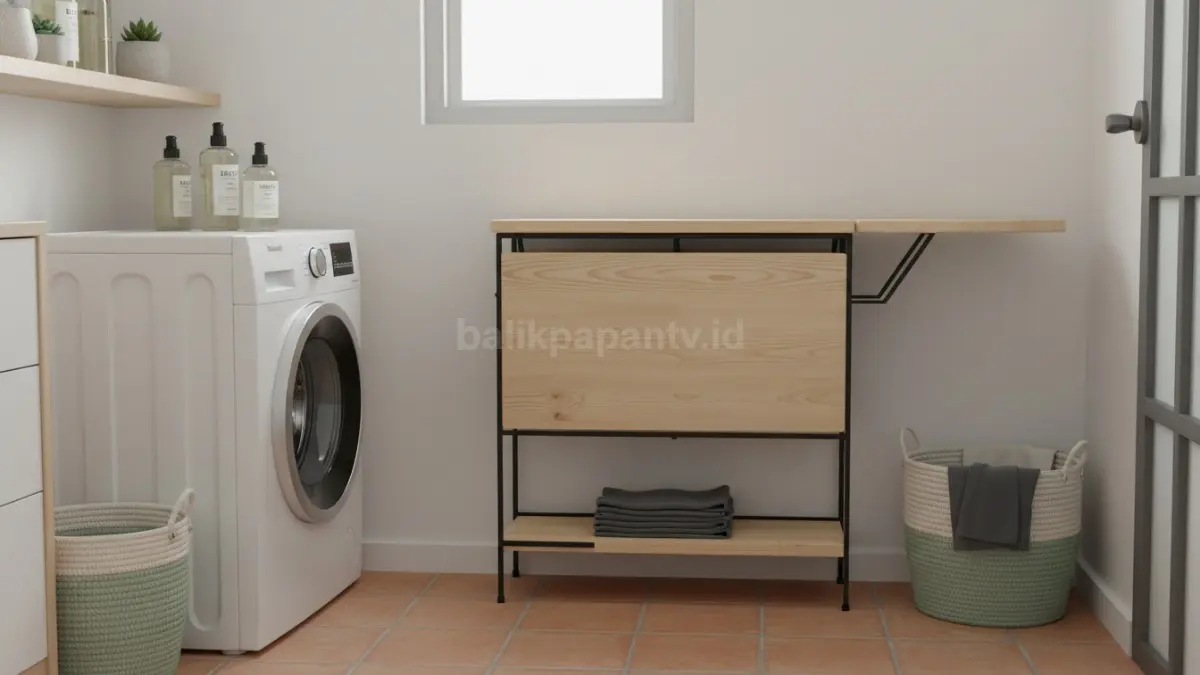 Meja setrika lipat minimalis modern di ruang laundry kecil, tampil rapi dan hemat ruang (BTV/Ai)