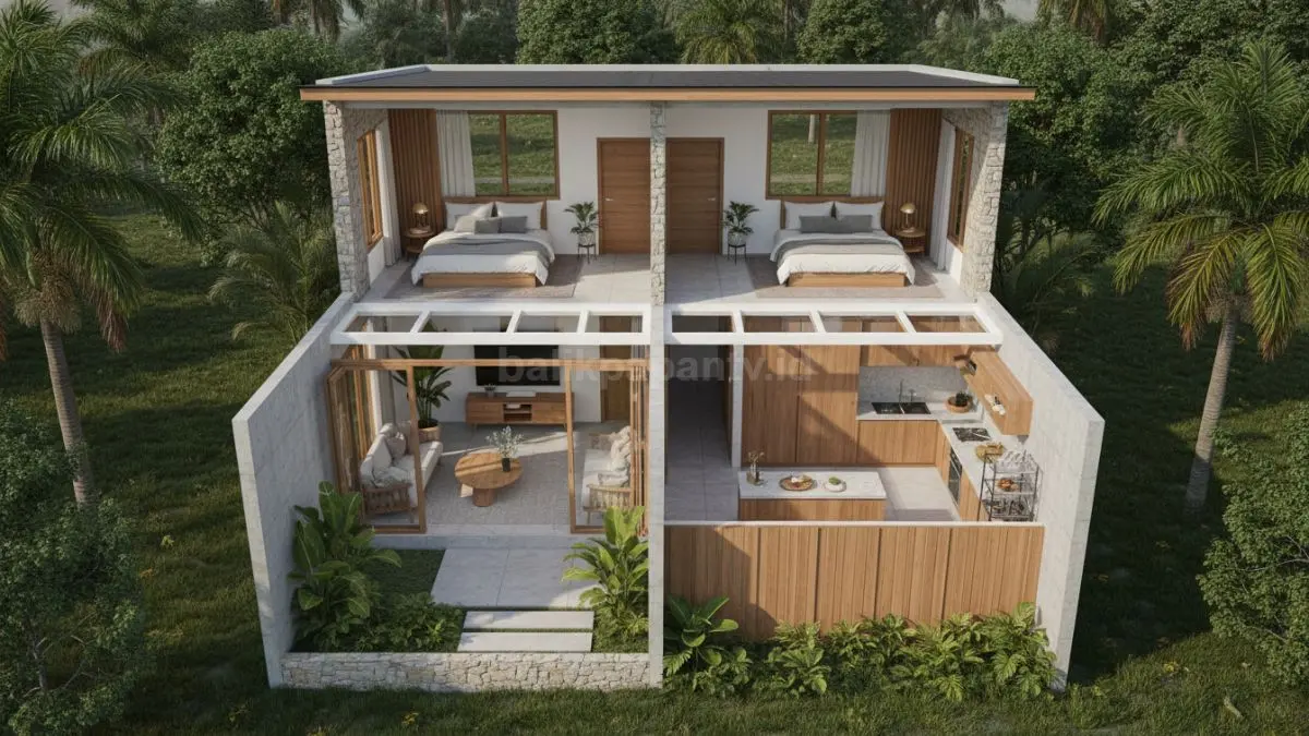 denah rumah 1 lantai 2 kamar dengan pembagian zonasi publik dan privat yang jelas, area depan difungsikan sebagai ruang tamu dan dapur, sementara area belakang digunakan untuk dua kamar tidur, dilengkapi koridor sederhana dan pintu yang efisien untuk memaksimalkan ruang serta menjaga kenyamanan aktivitas sehari-hari.