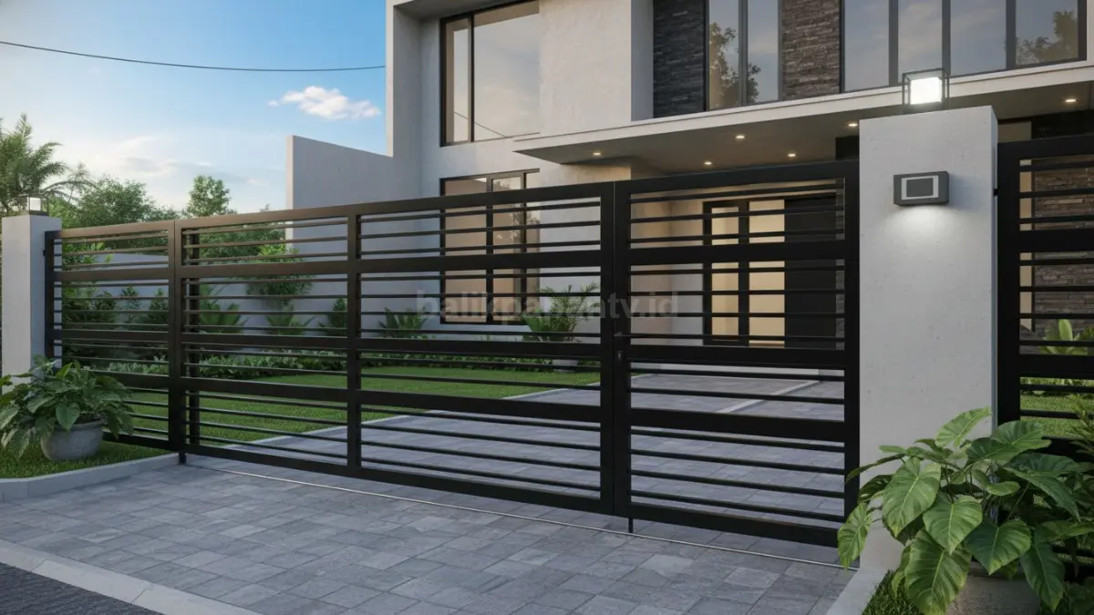 Pagar rumah minimalis modern dengan lampu sensor dan desain terbuka yang aman
