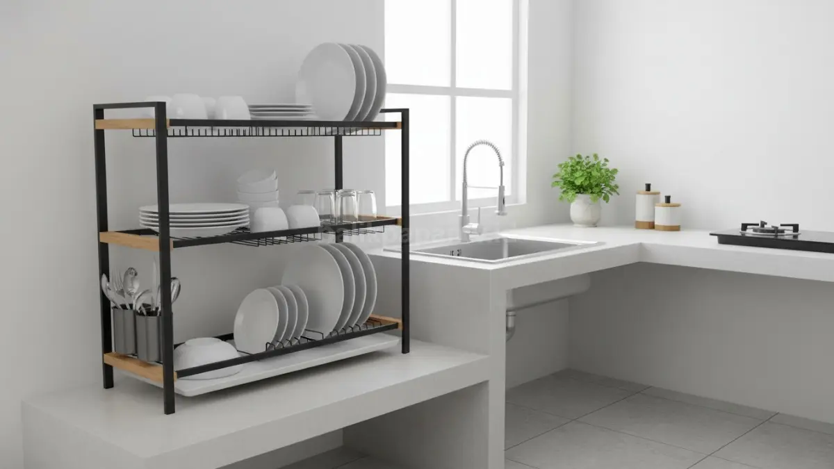 Rak piring minimalis modern di dapur kecil yang rapi dan estetik (BTV/Ai)