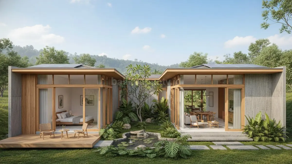 rumah 1 lantai dengan desain berbentuk huruf L yang membentuk halaman kecil di tengah atau samping bangunan, menampilkan dua kamar tidur di area privat serta ruang terbuka yang dapat dimanfaatkan sebagai area santai atau taman kecil untuk mendukung suasana hunian yang nyaman dan modern.