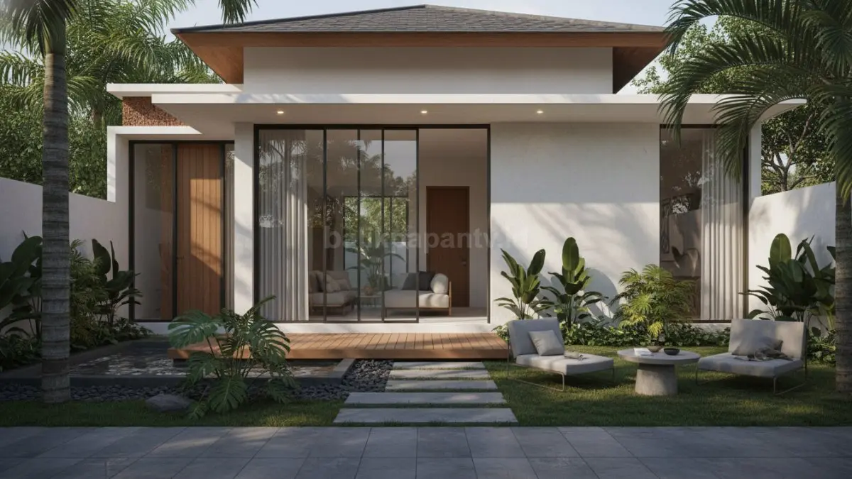 Rumah minimalis dengan taman kecil dan pintu kaca besar menciptakan suasana villa tropis
