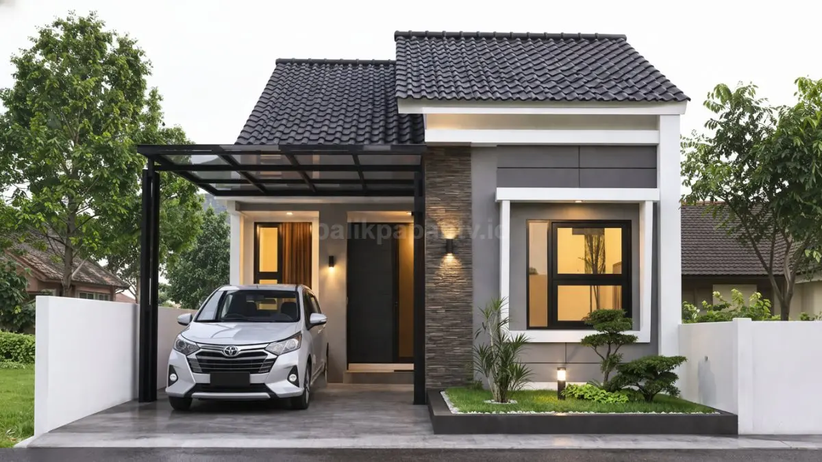 Rumah tipe 36 di lahan 6x10 meter dengan carport dan taman kecil modern. (BTV/Ai)