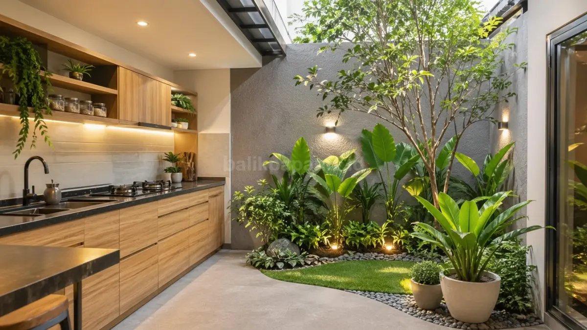 Rumah tipe 36 model dapur sudut dengan taman kecil. (BTV/Ai)