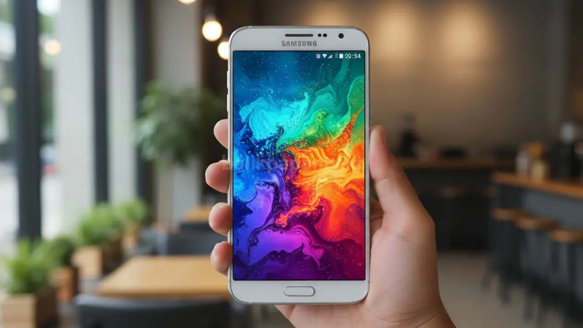 Samsung Galaxy J5 dengan layar Super AMOLED cerah di tangan pengguna