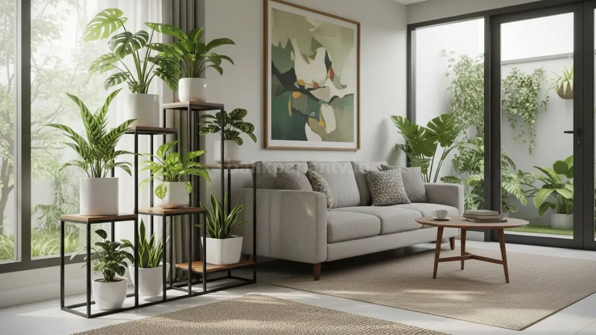 Stand pot minimalis modern di sudut ruang tamu dengan tanaman hijau tertata rapi (BTV/Ai)