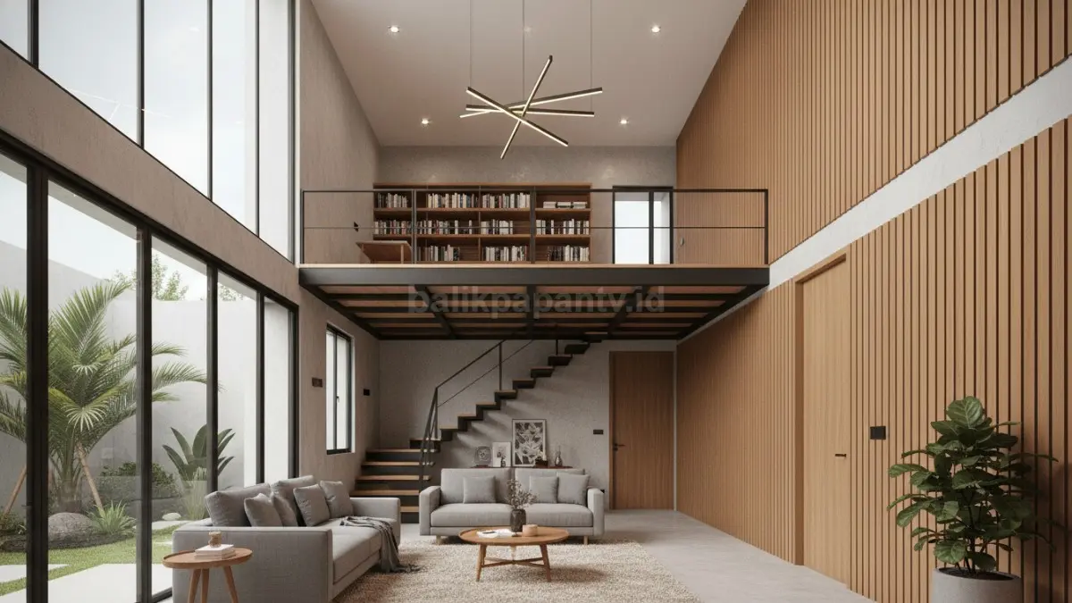 Tampilan interior rumah 7x10 meter dengan plafon tinggi dan mezzanine di atas ruang tamu, menampilkan pemanfaatan ruang vertikal yang membuat hunian kecil terasa lega, fungsional, dan efisien biaya tanpa perlu lantai dua penuh.