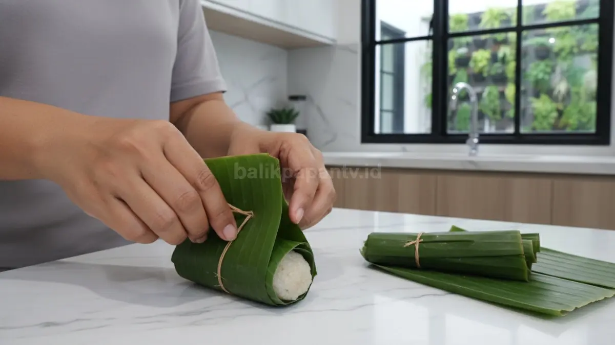 Teknik membungkus gogos dengan daun pisang agar rapi dan tidak bocor

