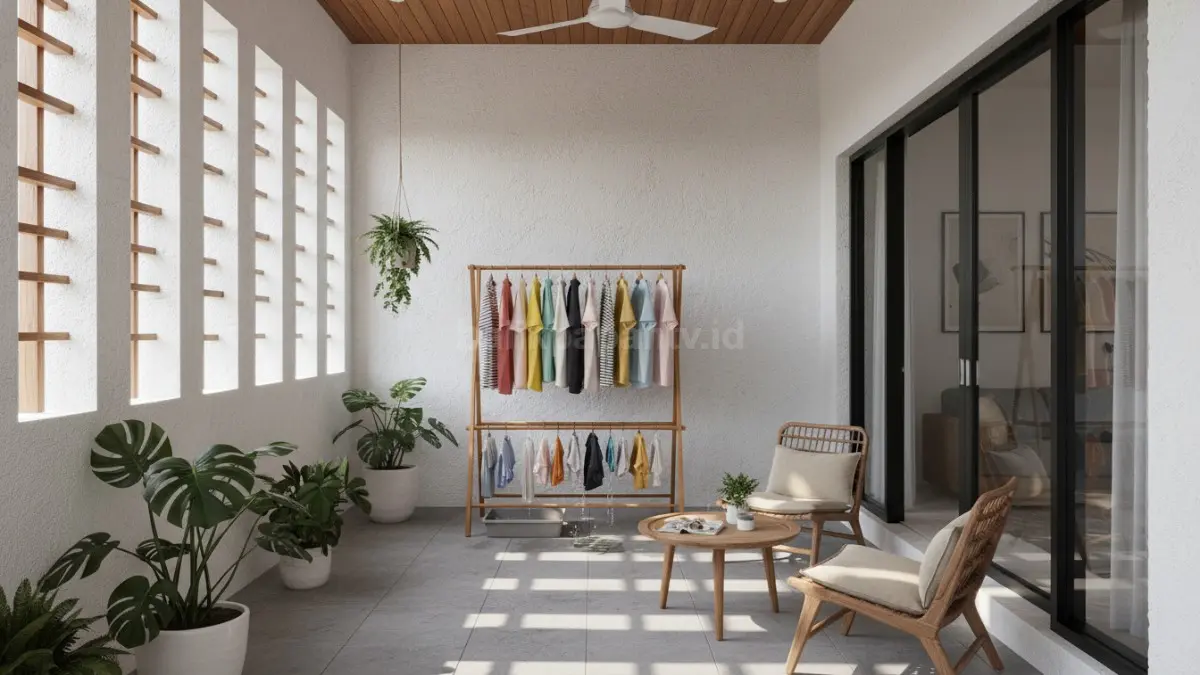 Teras rumah dengan jemuran indoor dan ventilasi alami yang optimal
