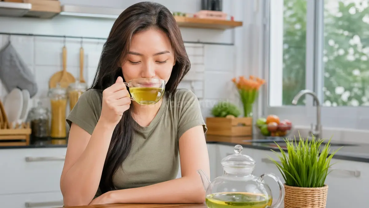 Wanita minum teh hijau di dapur. (BTV/Ai)