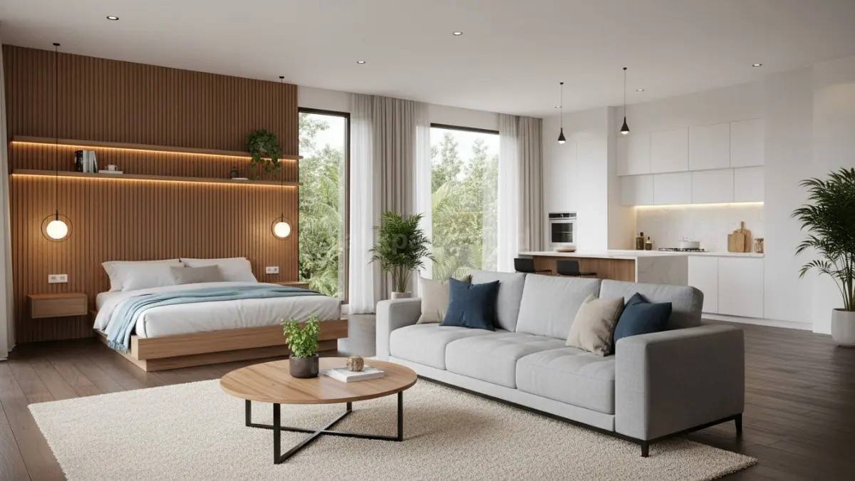 Furniture rumah modern ditampilkan sebagai elemen utama interior yang membentuk arah visual dan fungsi ruang, dengan sofa sebagai titik fokus di ruang tamu, tempat tidur sebagai pusat orientasi kamar, serta meja dan kabinet dapur yang mendukung efisiensi aktivitas harian. Konsep ini menggambarkan furniture bukan sekadar isi ruangan, tetapi struktur penting yang membangun pengalaman ruang sehari-hari dalam desain interior modern.  (BTV/Ai)
