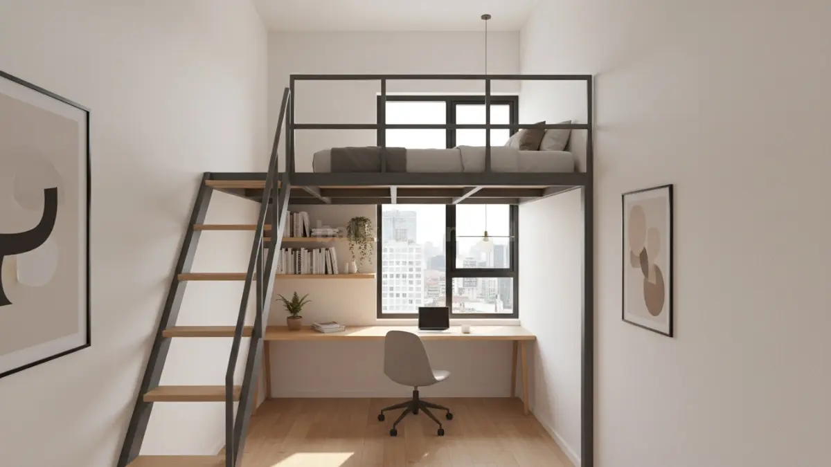 kamar dengan desain mezzanine baja ringan yang menempatkan tempat tidur di bagian atas sebagai ruang istirahat utama. Struktur rangka terlihat kokoh namun ringan, menyatu dengan dinding kamar berukuran terbatas.

Bagian bawah dimanfaatkan sebagai area kerja atau belajar dengan meja minimalis, kursi ergonomis, dan rak penyimpanan yang menempel di dinding untuk menghemat ruang. Penataan ini memperlihatkan pemanfaatan ruang vertikal secara optimal tanpa mengganggu fungsi utama kamar.

Tinggi plafon digambarkan ideal sekitar 3,2 hingga 4 meter sehingga ruang atas tetap nyaman digunakan dan sirkulasi udara di area bawah berjalan baik. Konsep ini cocok untuk pelajar maupun pekerja remote yang membutuhkan ruang kerja produktif dalam kamar berukuran kecil. (BTV/Ai)