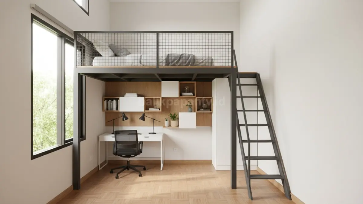 kamar dengan desain mezzanine baja ringan yang menempatkan tempat tidur di bagian atas sebagai ruang istirahat utama. Struktur rangka terlihat kokoh namun ringan, menyatu dengan dinding kamar berukuran terbatas.

Bagian bawah dimanfaatkan sebagai area kerja atau belajar dengan meja minimalis, kursi ergonomis, dan rak penyimpanan yang menempel di dinding untuk menghemat ruang. Penataan ini memperlihatkan pemanfaatan ruang vertikal secara optimal tanpa mengganggu fungsi utama kamar.

Tinggi plafon digambarkan ideal sekitar 3,2 hingga 4 meter sehingga ruang atas tetap nyaman digunakan dan sirkulasi udara di area bawah berjalan baik. Konsep ini cocok untuk pelajar maupun pekerja remote yang membutuhkan ruang kerja produktif dalam kamar berukuran kecil. (BTV/Ai)