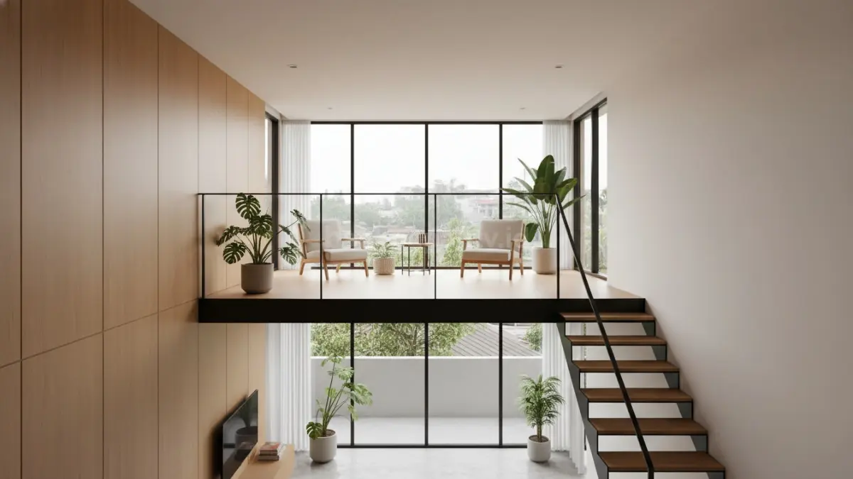 interior rumah mezzanine modern yang menampilkan ruang santai vertikal di lantai atas dengan desain terbuka menghadap langsung ke ruang utama di bawahnya. Area atas dilengkapi kursi santai minimalis, tanaman indoor, dan pencahayaan alami dari jendela besar yang membuat suasana terasa ringan dan lapang. Dari lantai bawah terlihat ruang tamu yang menyatu secara visual dengan area mezzanine tanpa sekat penuh, menciptakan kesan ruang yang lebih luas. Konsep ini menggambarkan hunian kecil yang fleksibel, nyaman, dan cocok untuk keluarga muda di lingkungan perkotaan Indonesia. (BTV/Ai)