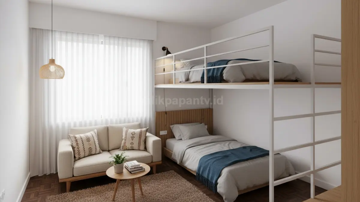 kamar dengan konsep mezzanine baja ringan yang menempatkan tempat tidur di bagian atas sebagai area istirahat utama. Struktur rangka dibuat ringan dan menyatu dengan desain interior minimalis untuk mendukung pemanfaatan ruang terbatas.
Bagian bawah difungsikan sebagai ruang santai kecil dengan sofa minimalis atau karpet lipat yang fleksibel, menciptakan area duduk yang nyaman untuk bersantai atau berkumpul ringan. Penataan ini dibuat sederhana agar ruang tetap terasa lapang meski memiliki dua fungsi berbeda.
Pencahayaan lembut dan penataan furnitur yang ringkas memperkuat kesan hangat dalam ruang sempit. Konsep ini menunjukkan bagaimana kamar kecil dapat diubah menjadi ruang multifungsi yang nyaman tanpa kehilangan kenyamanan visual maupun fungsi harian. (BTV/Ai)