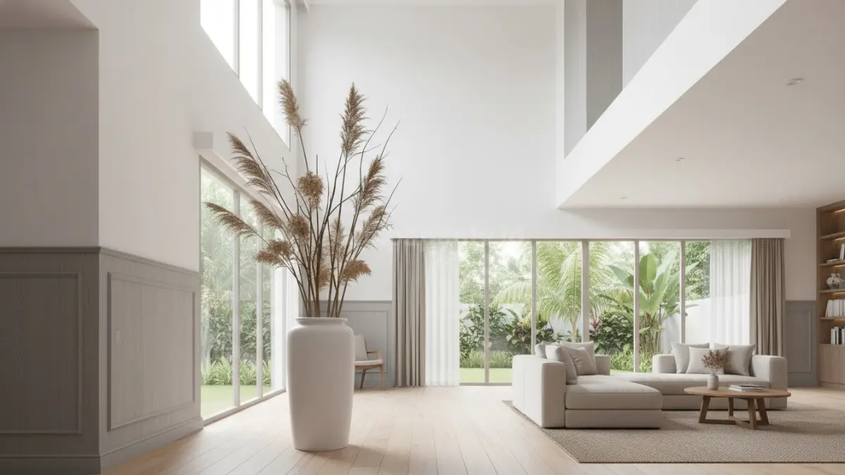 Vas silinder tinggi minimalis ditempatkan di ruang tamu dengan langit-langit tinggi, menghadirkan kesan vertikal yang mempertegas dimensi ruang dan menciptakan tampilan interior yang lebih proporsional. Model ini sering dipadukan dengan ranting kering atau bunga berbatang panjang untuk menjaga keseimbangan visual, sehingga tampil sebagai elemen dekoratif yang kuat namun tidak mengganggu komposisi ruang.  (BTV/Ai)
