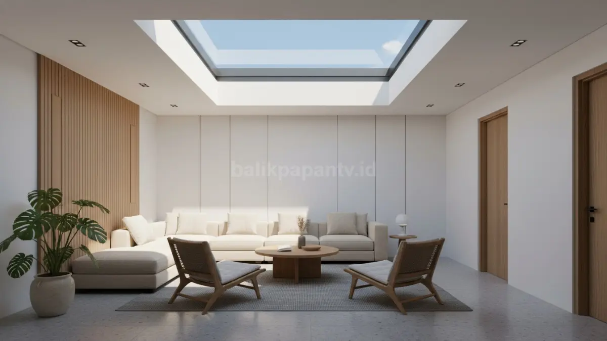 Ruang keluarga rumah 1 lantai dengan skylight di bagian tengah atap, cahaya matahari jatuh merata ke sofa dan area duduk, menciptakan suasana terang alami pada rumah tipe 36 hingga 100 meter persegi, tampilan ruang terasa lebih luas secara visual tanpa penambahan jendela besar. (BTV/Ai)