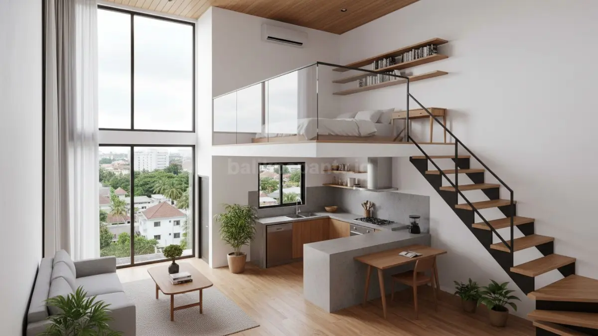 interior rumah mezzanine modern ukuran 5x10 meter yang menampilkan pembagian ruang secara vertikal. Bagian bawah digunakan sebagai ruang tamu dan dapur terbuka dengan pencahayaan alami dari jendela besar, sementara area atas difungsikan sebagai kamar tidur atau ruang kerja minimalis dengan desain terbuka. (BTV/Ai)