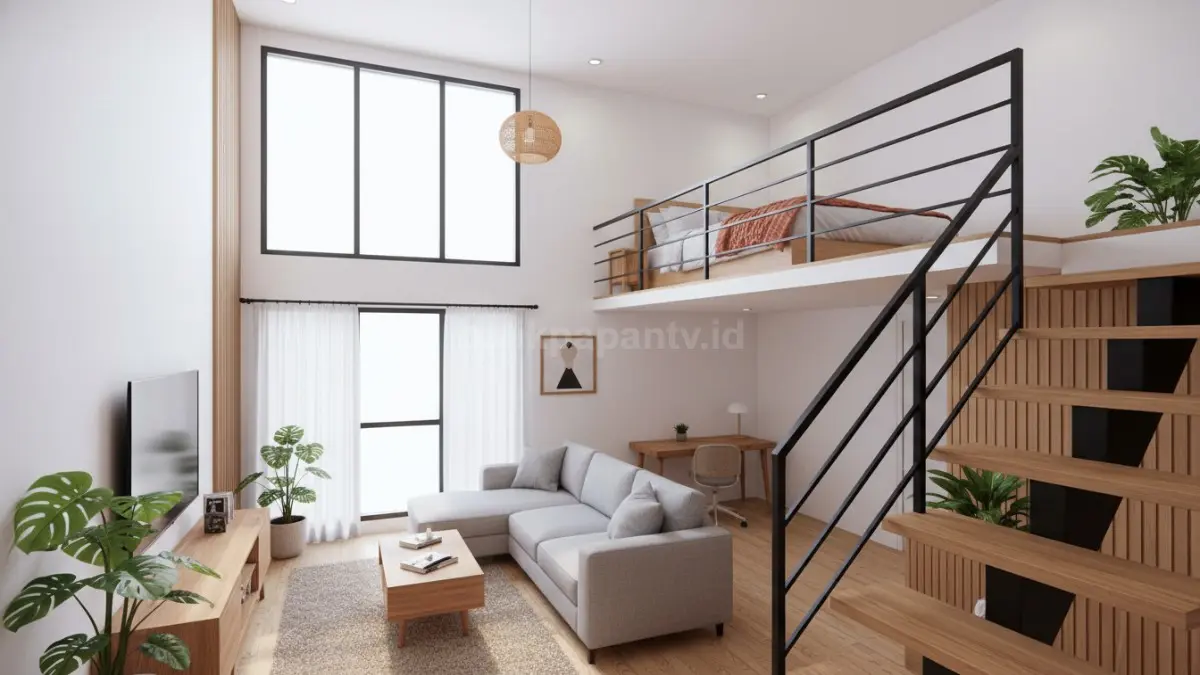 interior rumah mezzanine modern yang menampilkan kamar tidur berada di lantai atas tepat di atas ruang keluarga utama. Struktur dirancang semi terbuka dengan pagar pengaman minimalis agar cahaya alami dari jendela besar tetap menyebar ke seluruh ruang. (BTV/Ai)