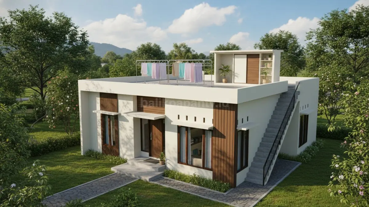 rumah 1 lantai di desa dengan dak jemuran yang dilengkapi sistem penyimpanan terintegrasi. Area atap difungsikan sebagai ruang jemuran pakaian yang tertata rapi, sementara di sisi dak terdapat lemari dan rak built-in untuk menyimpan barang rumah tangga ringan. Desain tangga akses samping terlihat sederhana namun aman, menghubungkan area bawah dan atas secara efisien. Konsep ini menunjukkan pemanfaatan ruang vertikal pada rumah desa modern, membuat area bawah terasa lebih lega karena kebutuhan penyimpanan dipindahkan ke bagian atas, sekaligus menghadirkan hunian yang rapi, fungsional, dan hemat ruang. (BTV/Ai)