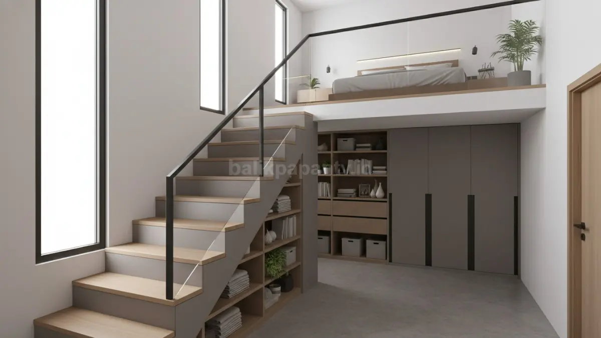 interior rumah mezzanine modern yang menampilkan konsep storage multifungsi pada hunian ukuran kecil. Area tangga dirancang dengan sistem penyimpanan terintegrasi berupa lemari dan rak built-in yang rapi dan efisien. Di bagian atas terlihat ruang tidur minimalis dengan desain sederhana, sementara bagian bawah dimaksimalkan untuk penyimpanan barang rumah tangga tanpa menambah furnitur besar. Seluruh elemen dirancang menyatu untuk menciptakan ruang yang bersih, teratur, dan hemat tempat, mencerminkan solusi hunian perkotaan modern di Indonesia yang mengutamakan fungsi dalam lahan terbatas. (BTV/Ai)