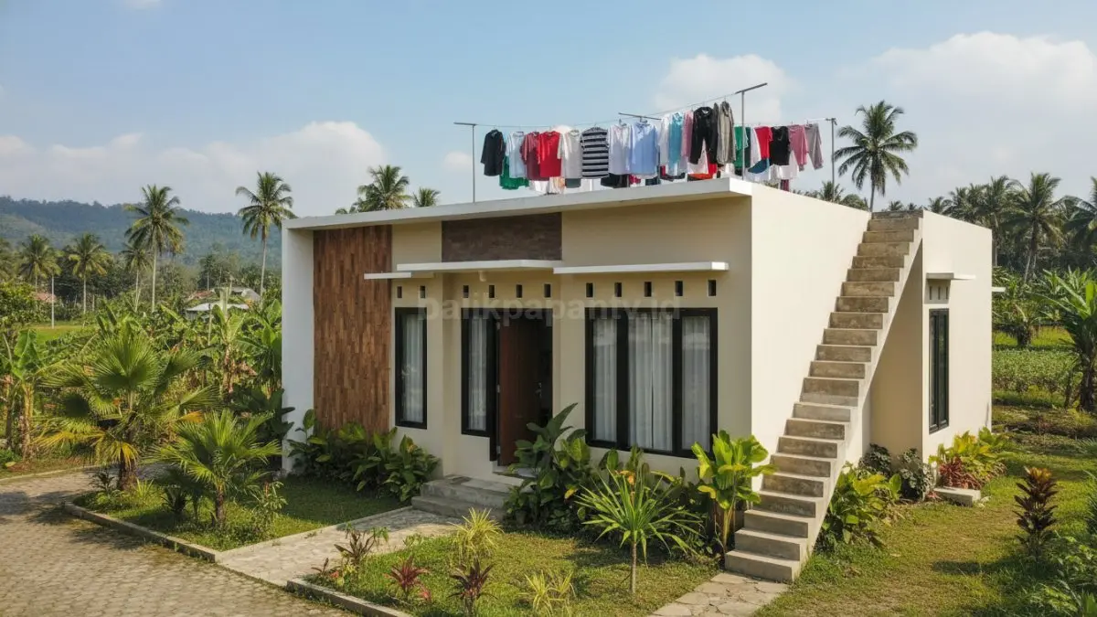rumah 1 lantai di kawasan desa dengan dak jemuran terbuka di bagian atap. Area atas dirancang tanpa penutup penuh agar sinar matahari dan aliran udara masuk secara maksimal, menampilkan jemuran pakaian yang tertata rapi. Di sisi bangunan terlihat tangga samping sederhana sebagai akses menuju dak, dibuat dengan struktur aman dan efisien. Desain rumah menunjukkan konsep hunian fungsional yang memanfaatkan ruang atap sebagai area produktif, hemat biaya pembangunan, serta cocok untuk kebutuhan keluarga di lingkungan desa yang berkembang di Indonesia. (BTV/Ai)