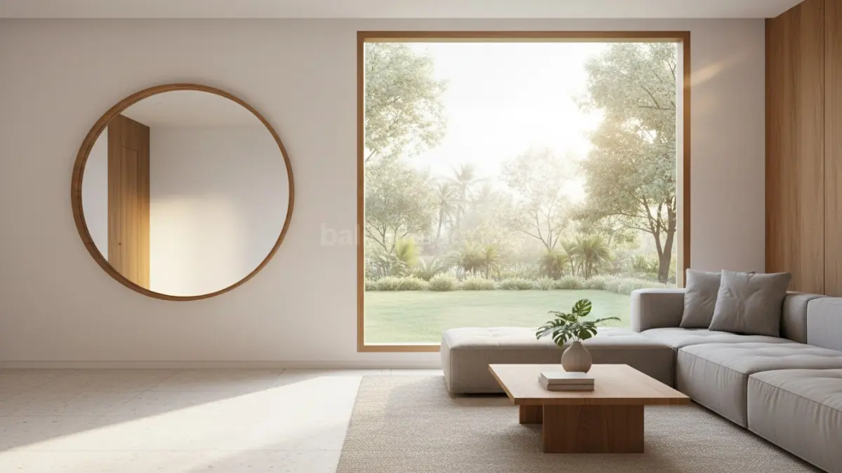 Cermin estetik dipasang di ruang tamu menghadap jendela, memantulkan cahaya alami sehingga ruangan terlihat lebih terang dan luas secara visual, sekaligus menunjukkan fungsi cermin sebagai elemen penting dalam desain interior modern tanpa tambahan pencahayaan buatan. (BTV/Ai)
