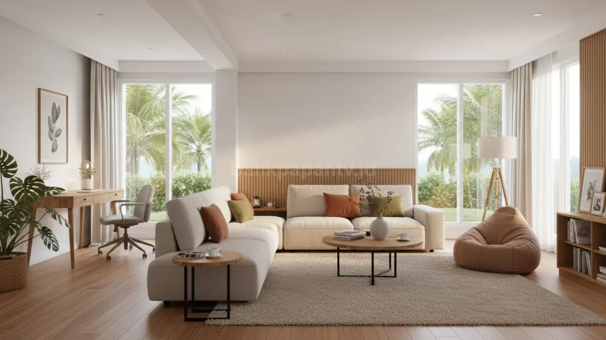 Interior rumah modern yang menampilkan ruang tamu multifungsi yang menyatu dengan area kerja dan ruang keluarga, dengan tata letak furnitur fleksibel, pencahayaan alami dari jendela besar, serta nuansa desain minimalis yang hangat. Suasana ruang menggambarkan konsep home decor 2026 yang adaptif, di mana satu area digunakan untuk berbagai aktivitas harian seperti bekerja, bersantai, dan berkumpul keluarga tanpa mengurangi kenyamanan visual serta efisiensi ruang.  (BTV/Ai)