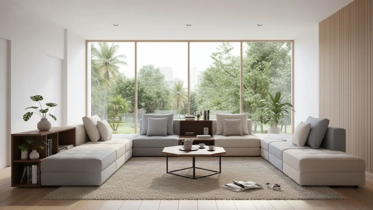 Furniture modular fleksibel ditampilkan dalam ruang keluarga modern dengan susunan yang dapat diatur ulang sesuai kebutuhan aktivitas, mencerminkan konsep desain adaptif yang dinamis. Elemen ini memudahkan perubahan fungsi ruang tanpa perlu menambah banyak perabot baru, sehingga menciptakan interior yang efisien, praktis, dan tetap selaras dengan gaya hidup modern yang serba cepat.  (BTV/Ai)
